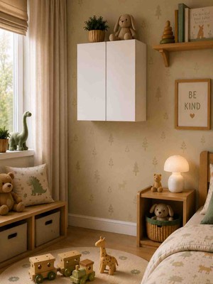 DUYAMO 3 Raflı Çok Amaçlı Oyuncak Dolabı Mat Beyaz Mdf Lam 69X55X25 cm Yavaşlatıcılı Kapaklı