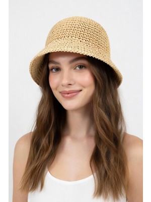 Mollycrush Kadın Camel Hasır Örgü Bucket | Bohem Stil Plaj ve Güneş Şapkası