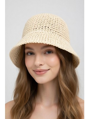 Mollycrush Kadın Bej Hasır Örgü Bucket | Bohem Stil Plaj ve Güneş Şapkası