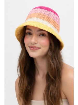 Mollycrush Kadın Pembe Geçişli Hasır Örgü Bucket Bohem Stil Plaj ve Güneş Şapkası