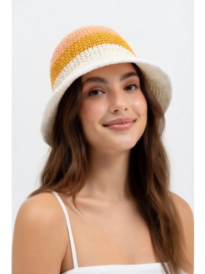 Mollycrush Kadın Sarı Geçişli Hasır Örgü Bucket Şapka Bohem Stil Plaj ve Güneş Şapkası