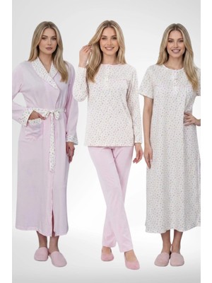 Mecit Pijama Mecit 6385 Pembe Büyük Beden Kadın Sabahlık Pijama ve Kısa Kollu Gecelik Set