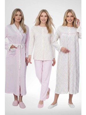 Mecit Pijama Mecit 6386 Pembe Büyük Beden Kadın Sabahlık Düğmeli Pijama ve Uzun Kollu Gecelik Set