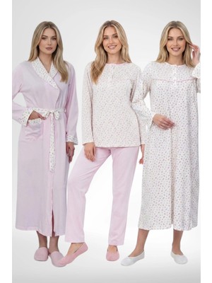 Mecit Pijama Mecit 6384 Pembe Büyük Beden Kadın Sabahlık Pijama ve Uzun Kollu Gecelik Set