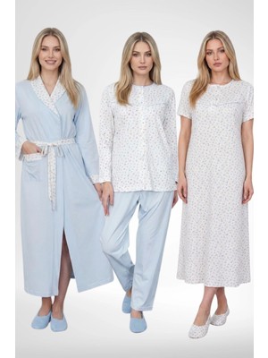 Mecit Pijama Mecit 6387 Mavi Büyük Beden Kadın Sabahlık Düğmeli Pijama ve Kısa Kollu Gecelik Set