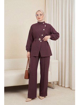 Moda Morfo Gold Düğmeli Tokalı Kemerli Fırfır Detaylı Cupra Takım  -Mürdüm