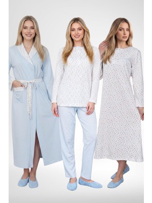 Mecit Pijama Mecit 6384 Mavi Büyük Beden Kadın Sabahlık Pijama ve Uzun Kollu Gecelik Set