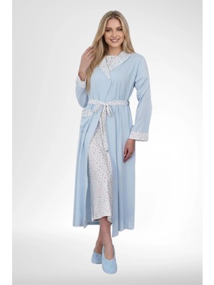 Mecit Pijama Mecit 6383 Mavi Kadın Uzun Sabahlıklı Kısa Kollu Gecelik Takım