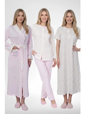 Mecit Pijama Mecit 6387 Pembe Büyük Beden Kadın Sabahlık Düğmeli Pijama ve Kısa Kollu Gecelik Set