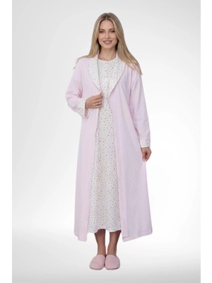 Mecit Pijama Mecit 6383 Pembe Kadın Uzun Sabahlıklı Kısa Kollu Gecelik Takım