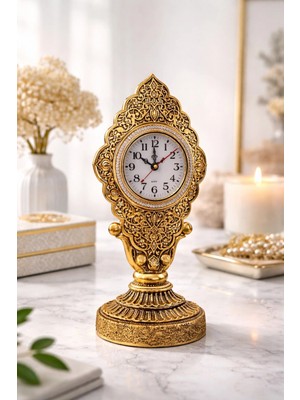 Marsilyan Büyük Boy Gold Klasik Masa Saati | Taşlı Çerçeve Metal Kaplama Koleksiyonluk Klasik Saat 29 cm