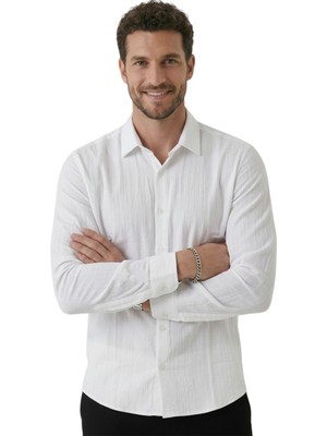 Deepsea Beyaz Erkek Rahat Kalıp Yazlık Çizgi Dokulu Kırışık Efektli Ütü Gerektirmeyen Gömlek 2602606
