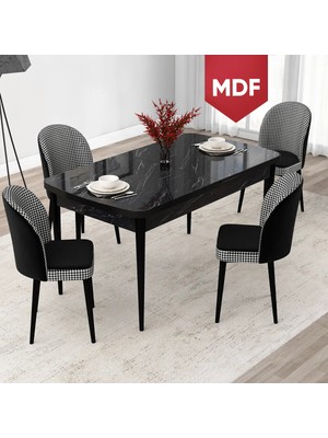 Canisa Concept Jul Serisi 80X132 MDF Açılabilir Siyah Mermer Desen Mutfak Masa Takımı ve 4 Sandalye