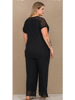 Lady Büyük Beden Siyah Omuzlar ve Paça Dantelli Kısa Kollu Uzun Pijama Takımı 10988