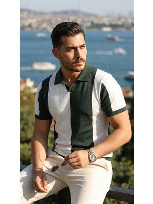 Civetta Erkek Kısa Kollu Polo Yakalı Blok Desenli Triko Bluz