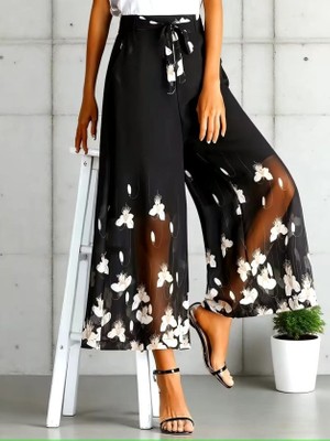 Serac Collection Kadın Yüksel Bel Belinde Kuşak Detaylı Çiçek Baskılı Astarlı Şifon Pantolon