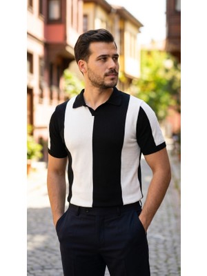 Serac Collection Erkek Kısa Kollu Polo Yakalı Blok Desenli Triko Bluz