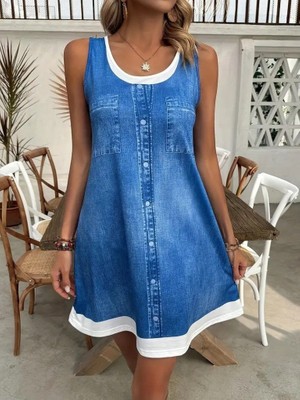 Alyn Wear Kadın Askılı Yuvarlak Yakalı Kot Görünümlü Kısa Süprem Elbise