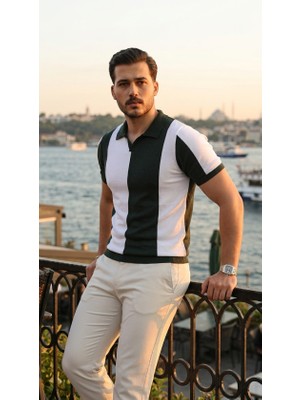 Buğrahayalin Erkek Kısa Kollu Polo Yakalı Blok Desenli Triko Bluz