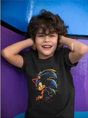 Sevbano Unisex Tasarım Süper Sonic Baskılı Oyun Çizgi Film Çocuk Tişört (1-12 Yaş)