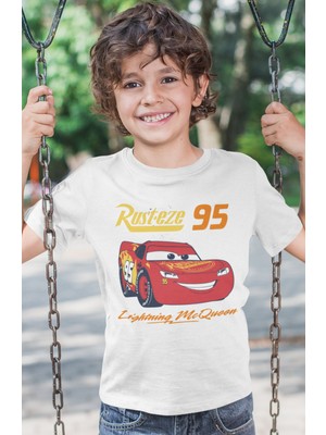 Sevbano Lightning Mcqueen Şimşek Arabalar Baskılı Unisex Çizgi Film Çocuk Tişört (1-12 Yaş)