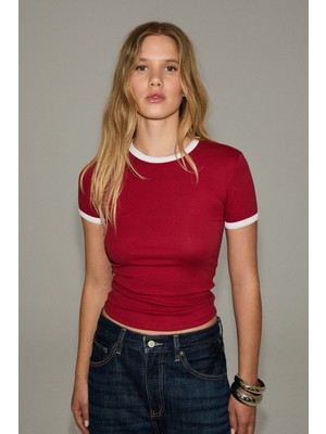 Grimelange Asterıque Kadın Yumuşak ve Esnek Kumaşlı Kontrast Biyeli Slim Fit Kırmızı T-Shirt