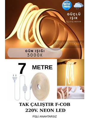 Ankara Teknik 220 Volt Cob Neon Led Günışığı (3000K) | F-cob Led | Yüksek Lümen | Dış-iç Mekan | 7 Metre