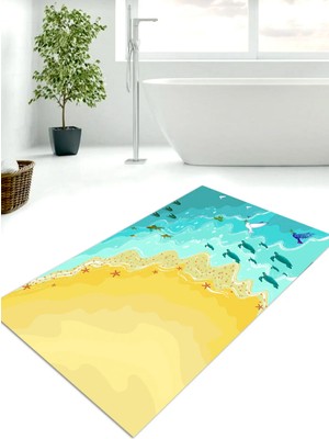 Ardizayn Deniz Canlıları, 80x120cm Kaymaz, Dökülmez, Dokuma Taban Banyo Halısı, Banyo Paspası