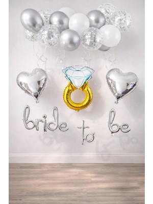Patladı Gitti Bride To Be El Yazısı, Tek Taş Yüzük ve Kalp Folyo Balonlu Set