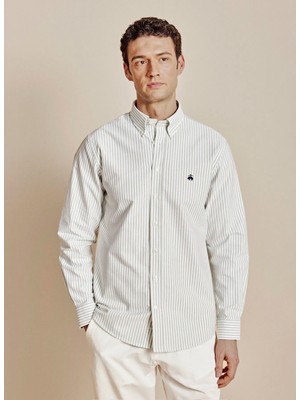Brooks Brothers Beyaz Erkek Düğmelmi Regular Fit Çizgili Gömlek BBSS26MSH021
