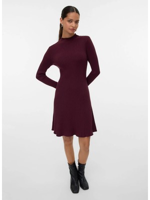 Vero Moda Bordo Kadın Bisiklet Yaka Fitilli Desenli Elbise Vmnancy Rıb Ls Funlnck Skater Dress