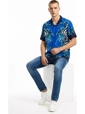Versace Jeans Couture Mavi  Erkek Apaş Relaxed Karma Desenli Gömlek Mıx Zebra Barocco Shırt