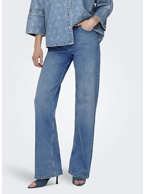 Only Lacivert Kadın Taşlamalı Denim Pantolon Onlhannah Ex Hw Wıde Dnm Taı Epp