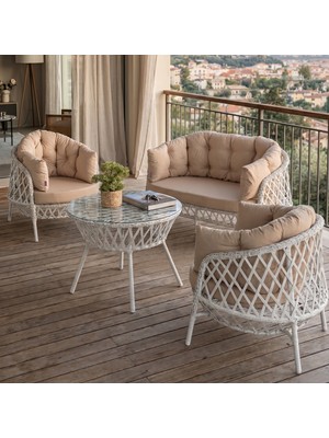 Canisa Viola Serisi 1. Sınıf 2+1+1 Beyaz Rattan Cappucino Minder Bahçe Balkon Oturma Koltuk Takımı