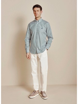 Brooks Brothers Yeşil - Beyaz Erkek Düğmeli Regular Fit Çizgili Gömlek BBSS26MSH007