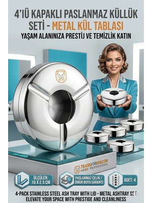 TransForMacion Kapaklı Paslanmaz Kare Küllük - Kapaklı Metal Kül Tablası - Kafe Küllüğü Restoran Küllüğü Masaüstü Küllük 4 adet 718943	
