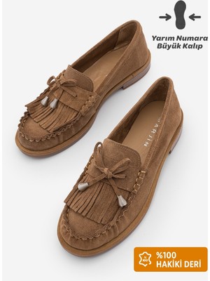 Marjin Kadın Hakiki Deri Püsküllü Fiyonklu Makosen Vardola Loafer Günlük Ayakkabı Ronce Camel Süet