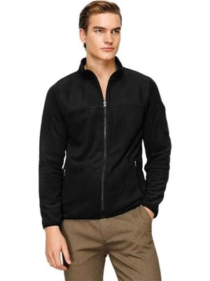 İGS Siyah Erkek Polar Sweatshirt Tam Fermuarlı Dik Yaka Model