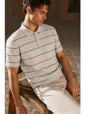 Tarz Cool Erkek Old Money Çizgili Polo Yaka Triko Tişört Slim Fit