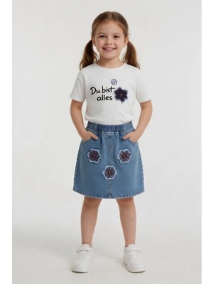 Cansın Mini Ekru Çiçek Nakışlı Taşlı Jean Etekli Badili Kız Çocuk 2li Takım 24051