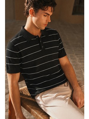 Tarz Cool Erkek Old Money Çizgili Polo Yaka Triko Tişört Slim Fit
