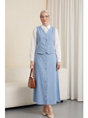Moda Morfo Yelek Etek Düğmeli Kot Takım -Açık Mavi