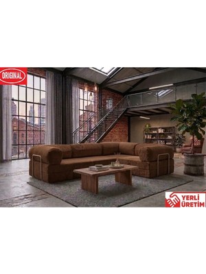 Herev KK300X200 Köşe Koltuktakımı  Yıkanabilirkadife Kumaş Ikili Yatak Orjinal Sünger Şark Köşesi