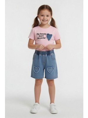 Cansın Mini Pembe Kalp Nakışlı Badili Jean Şortlu Kız Çocuk Takım  24052