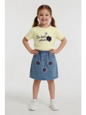 Cansın Mini Krem Çiçek Nakışlı Taşlı Jean Etekli Badili Kız Çocuk 2li Takım 24050