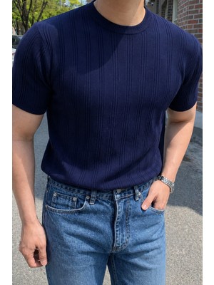 Tarz Cool Old Money Fit Bisiklet Yaka Çizgili Triko T-Shirt – Slim Kalıp Premium