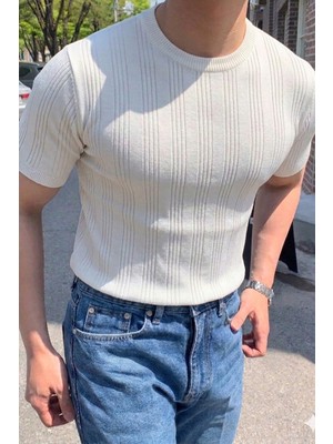 Tarz Cool Old Money Fit Bisiklet Yaka Çizgili Triko T-Shirt – Slim Kalıp Premium