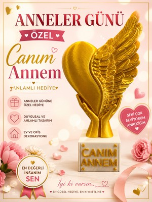 ModuLab 3D Anneler Günü Özel Canım Annem Yazılı Kalp & Melek Kanadı Dekoratif Biblo – Anlamlı Hediye