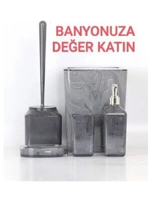 Akrilik Kare 5 Parça Mermer Desenli Banyo Seti Modern ve Şık