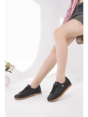 Nesil Shoes Modessa 160 Siyah Bağcıklı Hakiki Soft Deri Kadın Ayakkabı